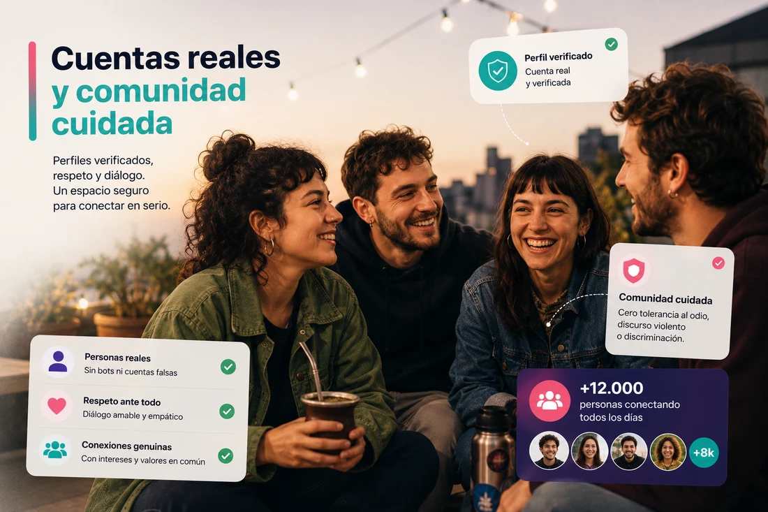 Amigos compartiendo un encuentro y una vista de la comunidad en la app